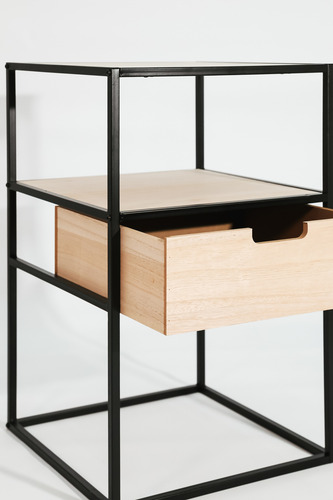Set 2 Mesas De Luz Diseño Industrial Madera Hierro Con Cajón