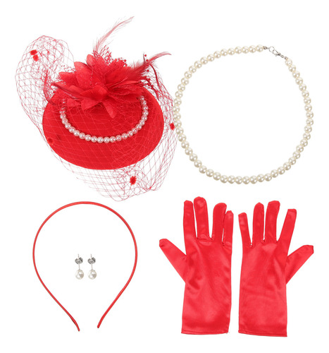 1 Juego De Guantes Fascinator Hat, Velo, Malla, Diadema Y Pe