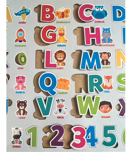 Alfabeto Gigante Encaixe Números, Letras Ilustrado Mdf 2x1 Cor Cinza