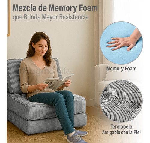 Sofá Cama Plegable Memory Foam Terciopelo Antideslizante Gris