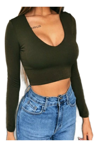 Cropped Croped Manga Longa Decote V Tecido Suplex Slimfit Branco P