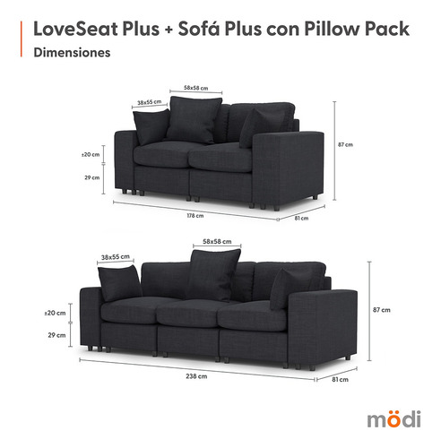 Juego De Sala 3-2 Plus | Sofá 3p + Loveseat + Pillow Pack | Gris Oscuro