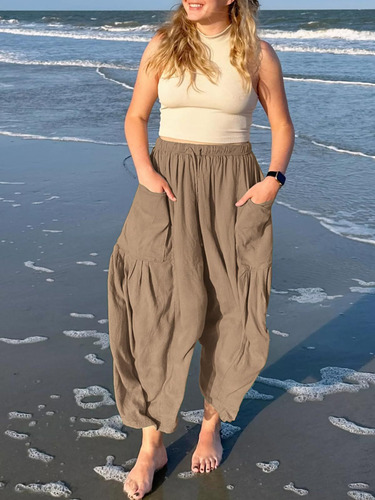 Pantalones Anchos Con Cordón De Lino Y Algodón Para Mujer