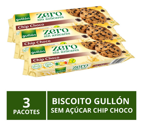 Biscoito Gullón Sem Açúcar, Chip Choco, 3 Pacotes