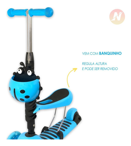 Imagem 6 de 7 de Patinete Infantil 3 Rodas Joaninha 2 Em 1 Com Luz - Azul