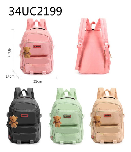 Mochila Urbana La Chapelle Microfibra Con Osito Verde Claro Liso