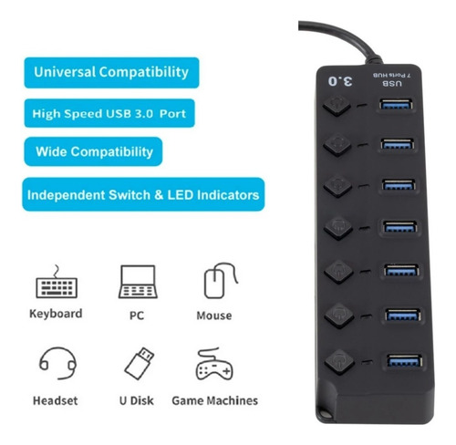 Hub Splitter Usb 3.0 A 7x Usb 3.0 Windows Mac Indicador Led