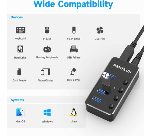Usb 3.0 Hub Rshtech 4 Port Powered Usb 3.0/usb C Hub Upgr...