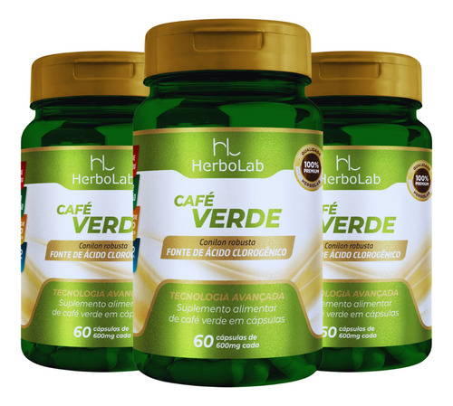 3 Café Verde 60 Cápsulas Cada Com 600mg Conilon Robusta Sabor Natural