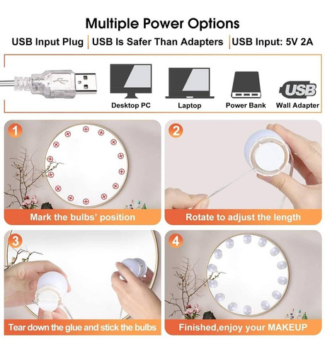 Imagen 8 de 10 de Luces Led Regulable Usb 3 Blancos Make Up Espejo Maquillaje