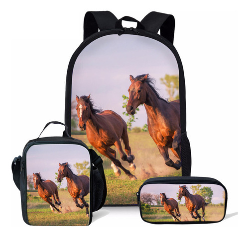 Conjunto de 3 mochilas escolares com estampa de cavalo e pônei, cor 7