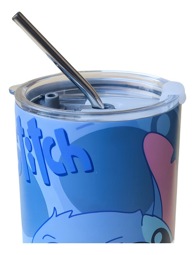 Vaso Térmico Acero Inox. Stitch Con Tapa + Sorbete Metálico Celeste Stitch