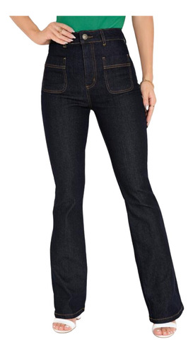 Calça Jeans Escura Boot Cut Com Botões Sawary Feminina