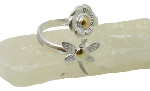 Anillo Plata Con Oro Regulable Flor Y Libelula