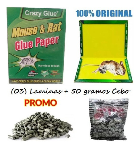 Combo Pega Cebo Mata Ratas Ratones Raton 3 Laminas 50 Gramos