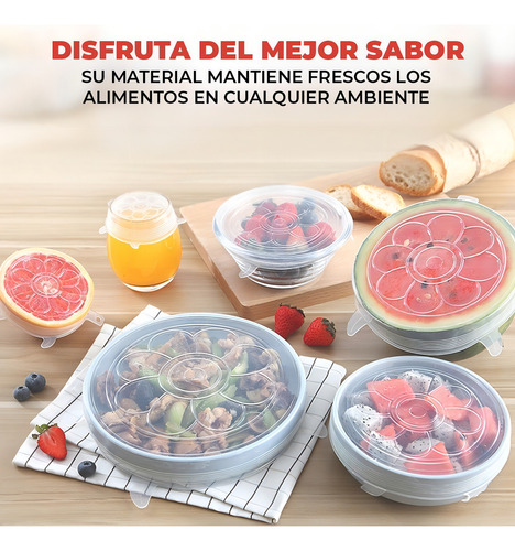 6 Tapas Hermeticas Topper Silicon Reutilizable Cocina Reutil Transparente Liso