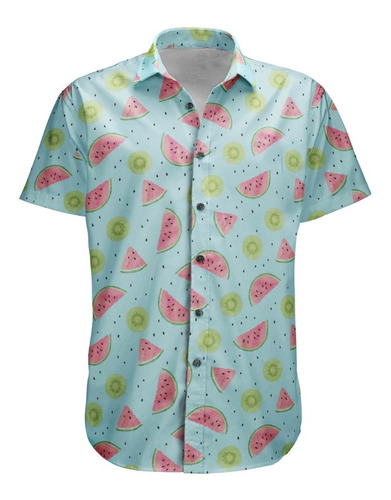 Camisa Botão Frutas Abacaxi Melancia Frutas Cítricas Verão