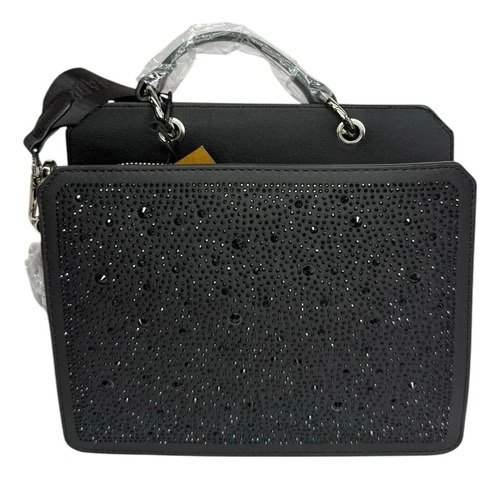 Steve Madden Bevelynx Black Satchel Crossbody Original Negro Con Brillos Níquel Negro