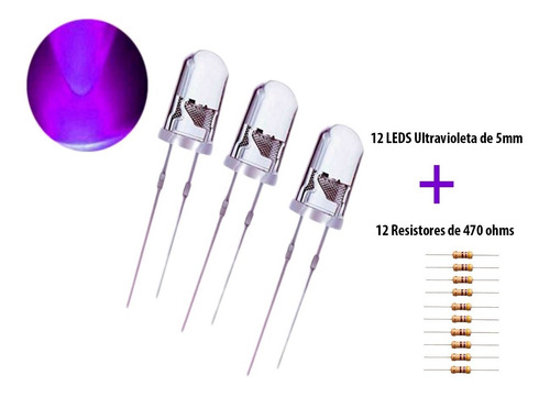 12x Led Ultravioleta Uv 5mm Alto Brilho + Resistor 470 12v