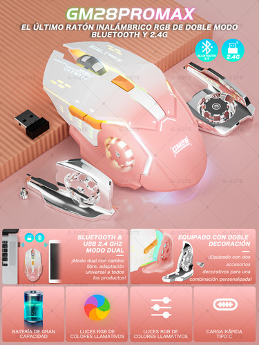 Mouse Gamer Rgb Inalámbrico Bluetooth G-xqte Dual Mode Bt & usb 2.4g GM28ProMax Rosa