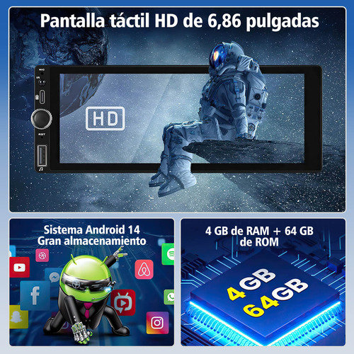 Estéreo, 6,86 pulgadas, 1 pulgada, Android 14, 4+64 GB, GPS, Wifi con Carplay