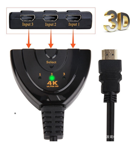 Hmi-comutador Kvm Divisor 4k 2k 3d 3 Entrada 1 Saída Mini 3