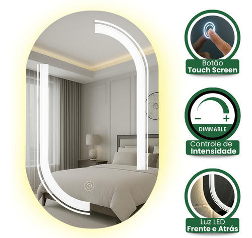Espelho De Led Oval Touch Screen Jateado De Maquiagem 80x50 Moldura Aurora