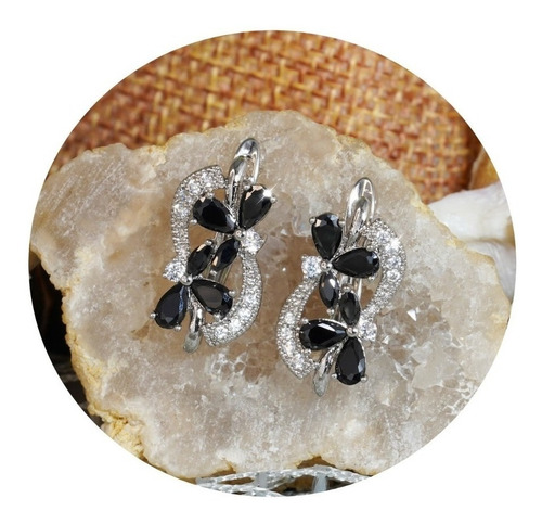 Aretes Flor Negra Bohemios Cristal Rhinestone Fiesta Oro 18k