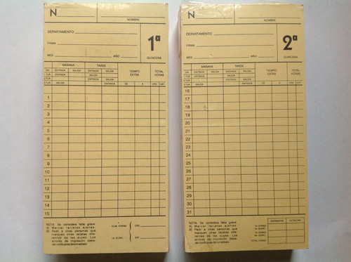 3 Paq De Tarjetas Para Reloj Checador De Asistencia C/100 Cu