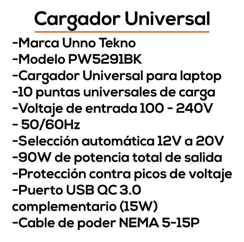Cargador Universal Pared Laptop Unno 10 Puntas Hp Acer Bagc