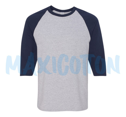 Franela Gildan Manga Raglan De 3/4 Gris-azul