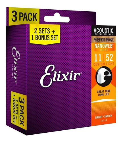 Kit Corda Elixir Violão Aço Nanoweb 011 052 Leve 3 Pague 2