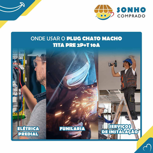 Kit 3x Plug Chato Macho Tita Prensa Cabo 10a 2p+t Interneed