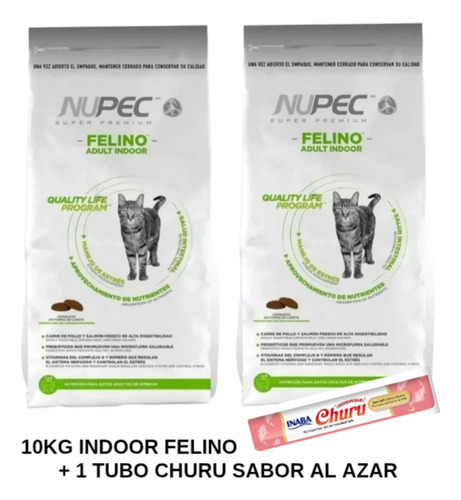 Alimento Nupec Felino Indoor 10kg(2 Bultos 5kg) + Tubo Churu