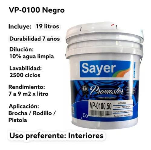 Pintura Sayer Promaster 7 Años Vinil-acrílica 19l Negro