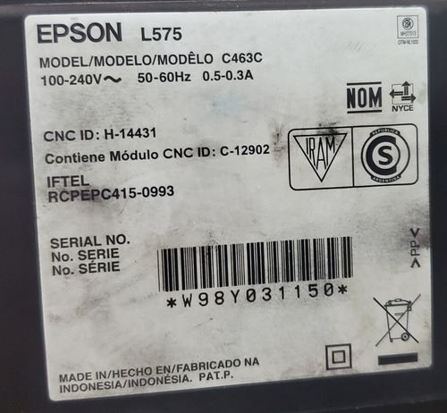 Impresora Epson Ecotank L575 Multifuncional Para Reparar Negro (Usado)