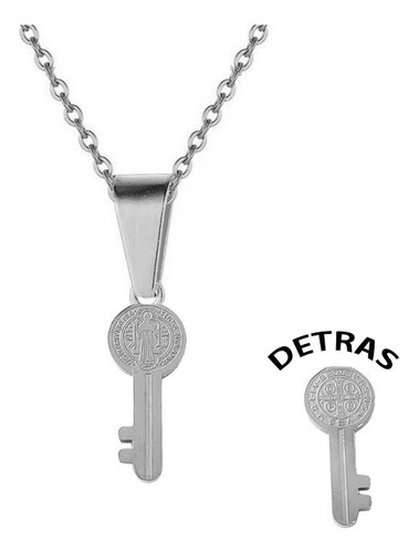 Collar Llave Medalla San Benito Acero Plateada + Estuche