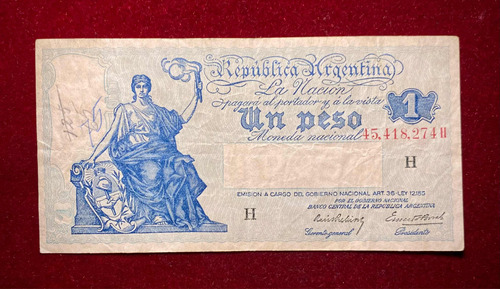 Billete 1 Peso Progreso Argentina 1939 Bottero 1818 Serie H