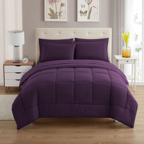 Juego De Edredón 7 Piezas Unicolor Morado King Para Todas La