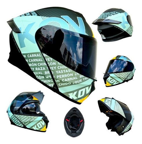 Casco Moto Negro Flow Verde Abatible Thunder Kov Certificado