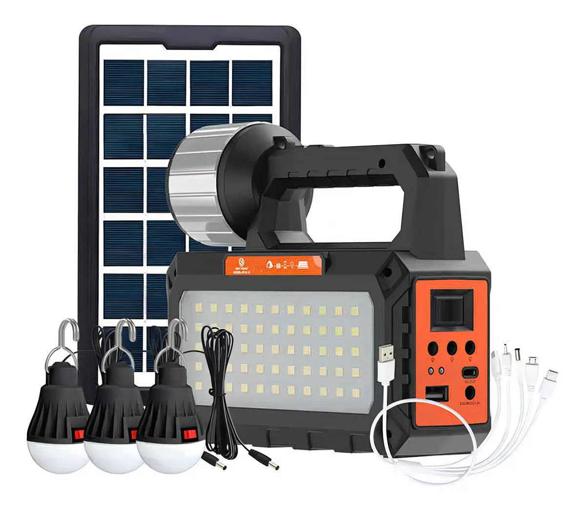 Kit Emergencia Solar Camping Ampolletas Linterna Usb Radio Color Negro