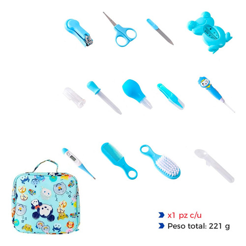 Kit De Cuidado E Higiene Para Bebé 13pzs Con Estuche Portátil Slim Company Incluye Cortaúñas Cepillo Termómetro Tijeras Peine Aspirador Nasal Cepillo Dental Juego Ideal Para Recién Nacidos Color Azul