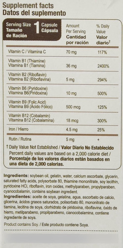 Bedoyecta Multivitamínico Contiene Hierro, Ácido Fólico, Vitamina C, B1, B2, B9 Y B12, 30 Cápsulas