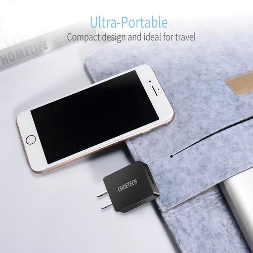 Cargador De Pared Usb Certificado Ui 2.4a 12w Para iPhone Galaxy Huawei Y Otros Universal Celulares Premium - Choetech Color Negro