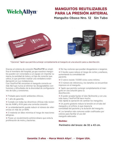 Imagen 5 de 10 de Manguito Obeso Nro. 12 Sin Tubo Welch Allyn Reutilizable