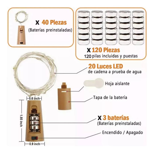 6tiras Serie 20 Luz Led Botella Corcho Decoración 2m Navidad