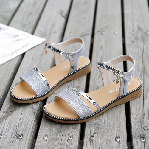 Sandalias Doradas Planas Casuales De Verano Para Mujer
