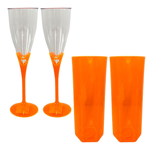 Combo 2 Taça Espumante + 2 Copo Long Drink Acrílico Colorido Cor Laranja