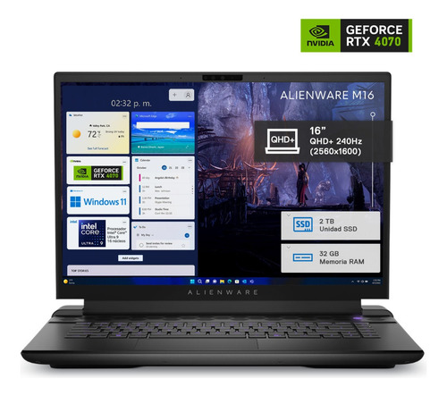 Dell Laptop Alienware AM16 R2, NVIDIA GeForce RTX 4070 (8GB), 16" QHD+ Ultra9-185H (16Cores), 32GB 2TB SSD, Color Negro