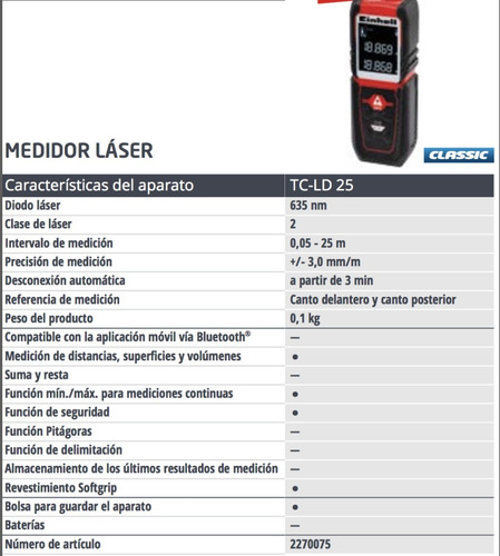 Medidor De Distancia Laser Einhell Tc-ld 25 Alcance 25mts